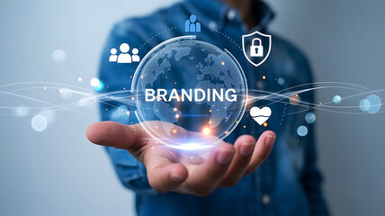 Hand holding a global branding hologram with team security and customer loyalty icons shining brightly