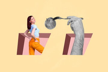 Creative art collage of person in hole with hand holding fork apple on pastel background