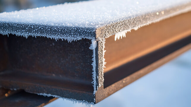 Close-up of a frosty I-beam. Ice crystals clinging to the metal create a wintery scene, sparkling in the sunlight. The beam's geometry is highlighted by the frost.