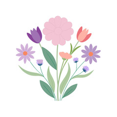 A delightful bouquet of colorful flowers in a simple silhouette style isolated on white background