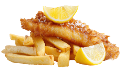 Crispy fish and chips with lemon slices