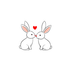 Two adorable white bunnies sharing a sweet moment with a red heart above them silhouette isolated on white background