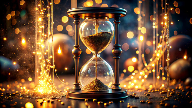 Hourglass with golden sand time is running out concept for deadlines countdown and the passage of time