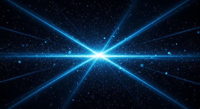 Abstract blue glowing light beams radiating from a central point in a dark digital space with floating particles, representing technology and data