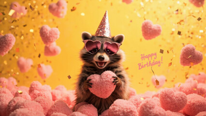 Happy birthday raccoon with heart-shaped glasses and confetti
