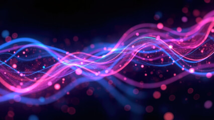 Abstract digital waves with glowing particles and bokeh on a dark background