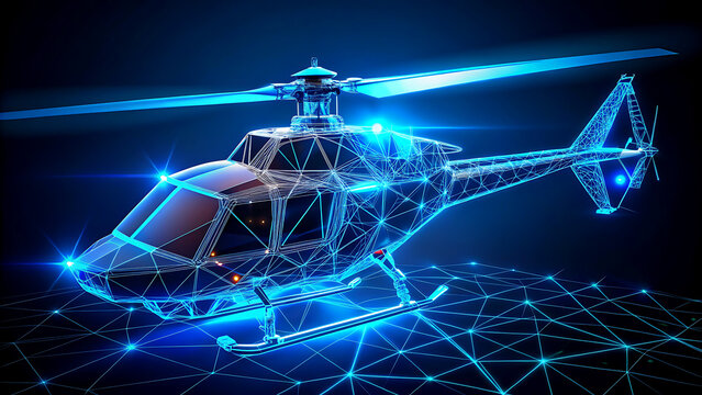 Futuristic helicopter illustration a digital wireframe design with glowing blue connections concept for technology and aerospace innovation