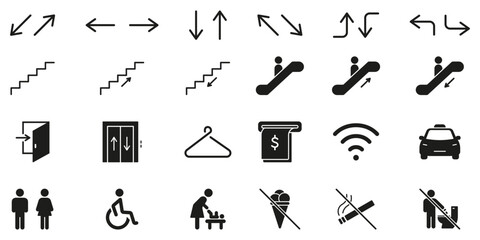 Directional And Facility Solid Icon Set. Navigation, Accessibility and Public Facility Symbols Silhouette. Includes Arrows, Stairs, Escalators, Elevators and Amenities. Isolated Vector Illustration © Toxa2x2
