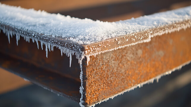 Close-up of rusty metal covered with ice and icicles, creating a wintery contrast. The cold touch of winter meets aged construction in a blend of textures & tones. Captivating decay.