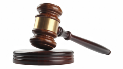 Wooden judge gavel and sound block symbol of law and justice isolated on white background