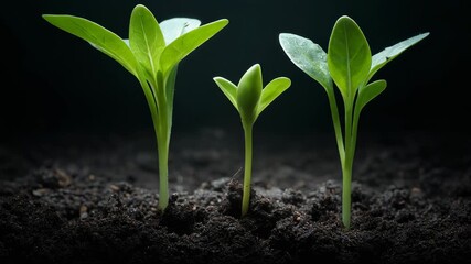 Fresh green seedlings sprouting in dark soil, symbolizing growth and nature's beauty - Powered by Adobe