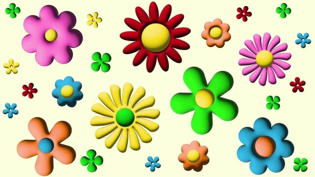 4K Video footage Simple colorful floral rotate wiggle icons in bright colors petals animated screen saver lockscreen. Ideal for presentations, motion graphics, and digital art projects