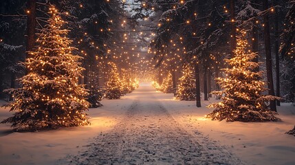 Enchanted pine forest glowing softly with magical warm holiday lighting photo