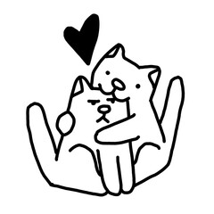 Two cute cats share a protective hug in giant human hands