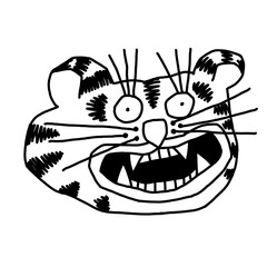 CRAZY WIDE EYED TIGER CAT HEAD GRINNING AGGRESSIVELY