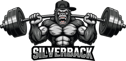 Strong gorilla mascot lifting heavy barbell, silverback text logo, fitness gym concept, black and white vector illustration isolated on white. © Hasan Creatives