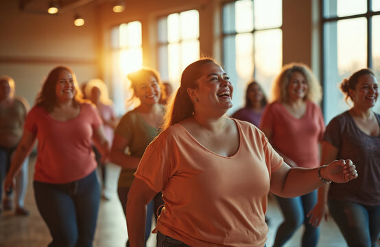 Group of joyful women dance in fitness studio. Diverse individuals exercise together promoting wellness, body positivity. Enjoy physical activity, celebrate healthy lifestyle choices within indoor