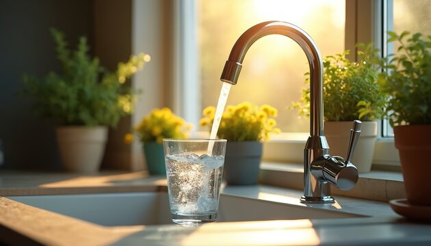 Kitchen sink with running water, glass of fresh liquid. Sunlight streams through window illuminating clean tap. Indoor setting highlights home water purification guidelines. Focus on safe drinking