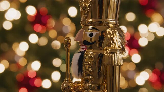 Golden Nutcracker with Dancing Christmas Tree Bokeh