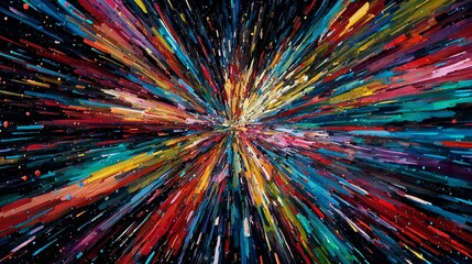 Explosive colorful painting featuring radiant streaks against a dark background