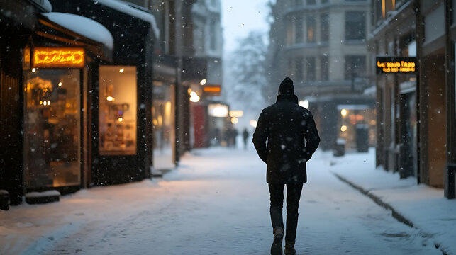Solitary Figure Walks Through a Snow-Covered Urban Scene. Buildings line the sides of a snowy street, lights cast a warm glow, in an image of a person walking in winter.