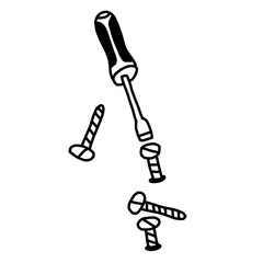 Doodle screwdriver and screws. Simple repair concept art