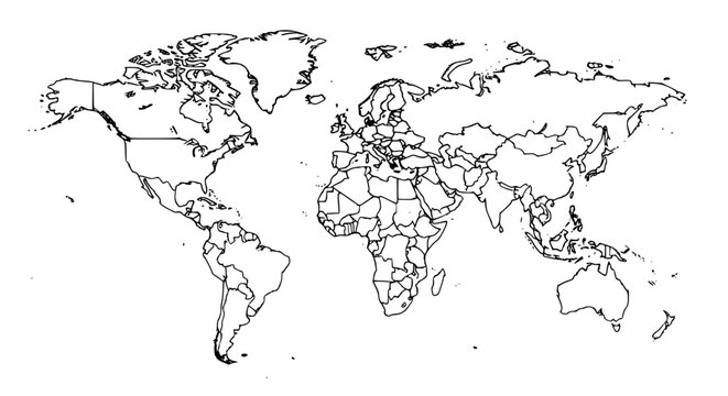 Vector of a simplified world map showing individual countries outlined with clean, didactic lines; minimalistic borders, no colors, high-contrast educational style, isolated on white background