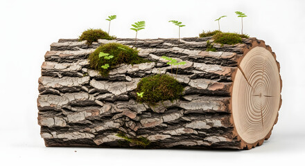 Wooden log with moss and plant sprouts isolated on white background nature decor
