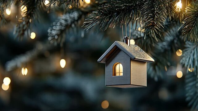 A delightful wooden house ornament hangs from a tree with warm lights twinkling around it, creating a cozy atmosphere