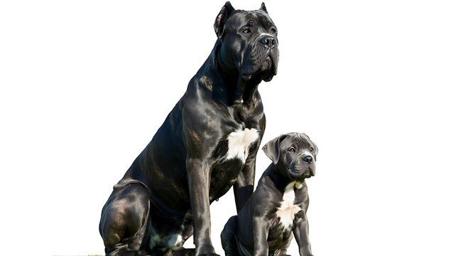 Powerful cane corso adult and cute puppy sitting on white background.