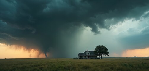 Powerful tornado approaches a house in open field. Dark storm clouds cover sky. Weather disaster occurs near rural residence with tree on the side.