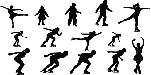 PrintIce skating silhouettes set, figure skater and speed skater black vector icons, winter sport people isolated on white background.