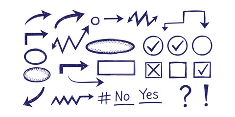 Hand drawn sketch arrow and symbol set for flowcharts, infographics, and ui elements