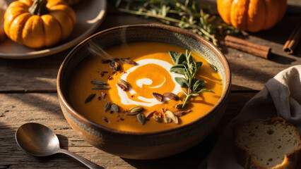 Delicious pumpkin soup with cream swirl, herbs, and seeds in a rustic bowl