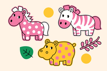 Obraz premium Three whimsical, cartoon-style animals, including a pink polka-dotted horse, a pink and white striped zebra, and a yellow polka-dotted hippopotamus, are depicted with decorative elements.