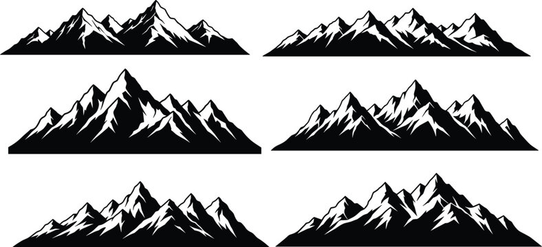 PrintMountain silhouette vector set, black and white rocky peaks collection, snowy mountain range landscape illustration for outdoor adventure logo.