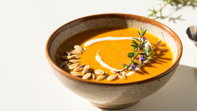 Delicious bowl of creamy pumpkin soup with seeds and fresh herbs - Powered by Adobe
