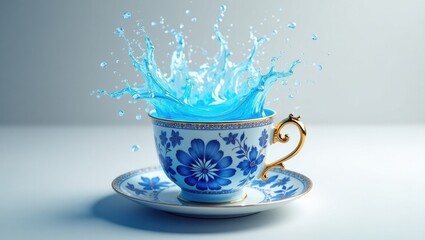 Blue water splash erupting from an ornate porcelain teacup and saucer