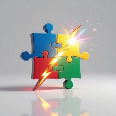 Chrome puzzle lightning bolt with autism colors and neon bloom