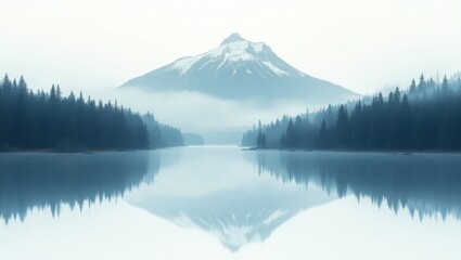 Serene mountain reflection in calm lake surrounded by pine forest