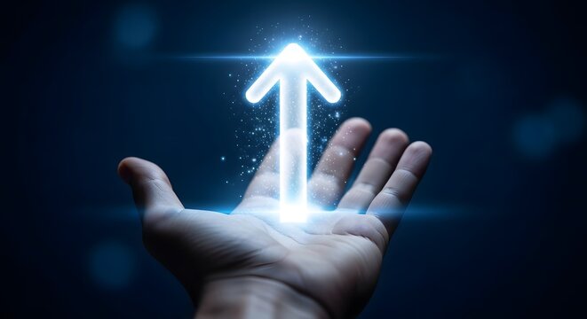 Hand releasing glowing arrow symbolizing growth and success