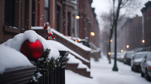 Experience the enchantment of winter in the city, where snow-covered brownstones sparkle with holiday cheer, offering a serene escape into a festive wonderland.