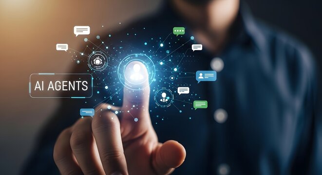 Person touching a futuristic digital interface with glowing icons and data - Powered by Adobe