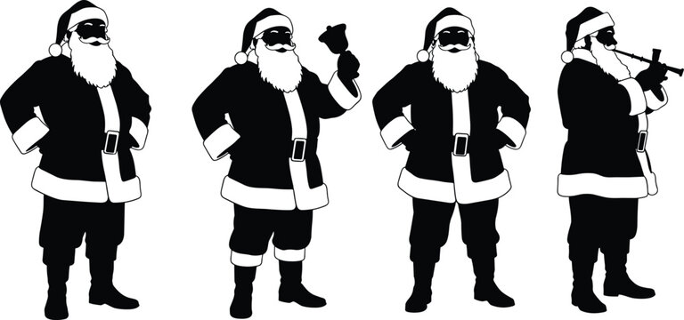 PrintSanta Claus silhouette collection, black vector Christmas character set, Father Christmas ringing bell and standing, isolated on white background.