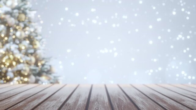 Empty rustic wooden table foreground. Blurred festive Christmas tree bokeh lights background. Winter holiday celebration, product display, seasonal greetings. Copy space.
