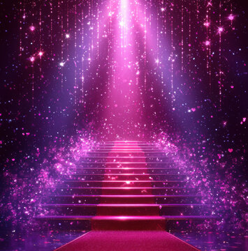 Elegant staircase with pink carpet and sparkling lights, perfect for celebrations