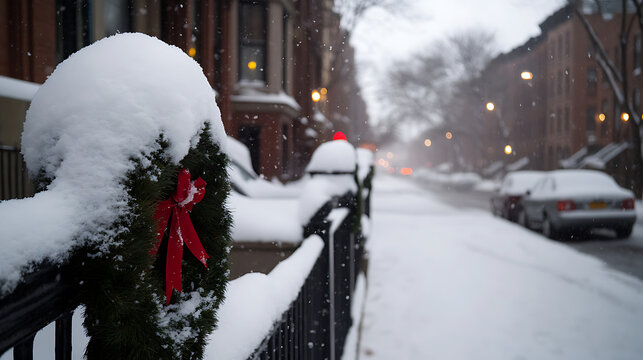 A snowy cityscape with a wreath. Buildings are covered in white. The road is covered with snow. A red bow decorates the wreath. Peaceful, winter scene.