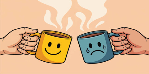 Cartoon Hands Toasting Happy Yellow and Sad Blue Steaming Coffee Mugs Vector Illustration: Emotional Support and Friendship Concept Art for Mental Health, Mood Contrast, Empathy, and Positivity Design