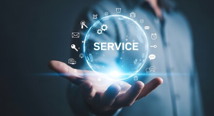 Fototapeta premium Hand holding glowing orb with service icons and word service
