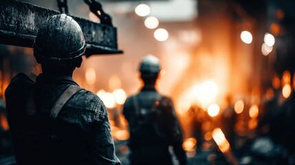Industrial workers in a hot and fiery factory environment